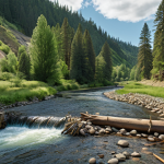 **A revitalized river flowing through a lush landscape, with trout swimming and beavers building dams, showcasing the success of river renaturalization efforts.** (Focus: River renaturalization success)
