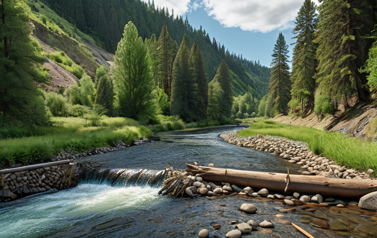 **A revitalized river flowing through a lush landscape, with trout swimming and beavers building dams, showcasing the success of river renaturalization efforts.** (Focus: River renaturalization success)